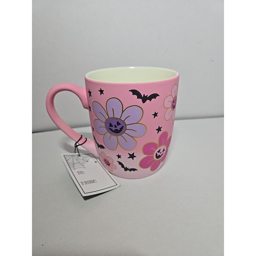 COBWEBS & CAULDRONS HALLOWEEN PINK PUMPKINS FLOWERS SOFT TOUCH MUG